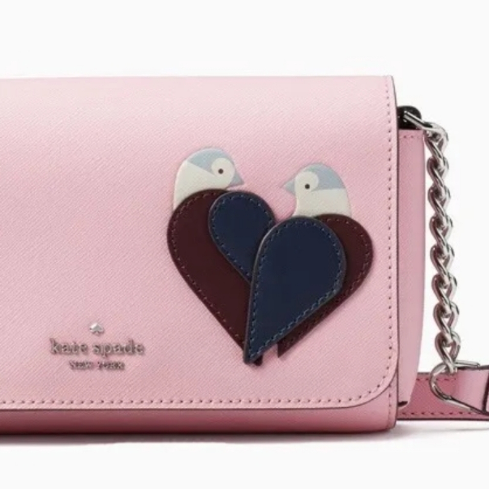 NWT Baby Pink Love Birds Crossbody Kate Spade New York Love Bag Chain Strap - Picture 8 of 16